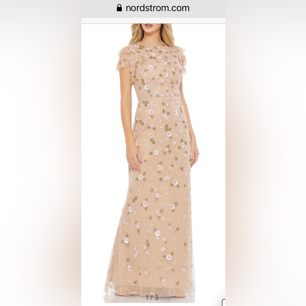 Mac Duggal floral beaded flutter sleeve gown